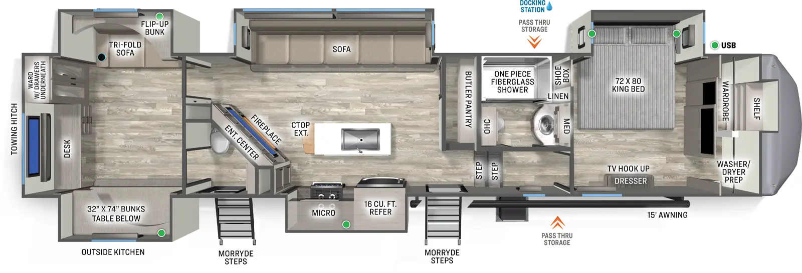 The Sandpiper Fifth Wheels 3844QUAD floorplan has two entries and five slide outs. Exterior features include: fiberglass exterior, 15' awning and outside kitchen. Interiors features include: bunk beds, kitchen island, front bedroom and bathroom and a half.